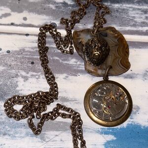 Handmade from Vintage Watch Steampunk Buffalo Brass & Stone Pendant Necklace